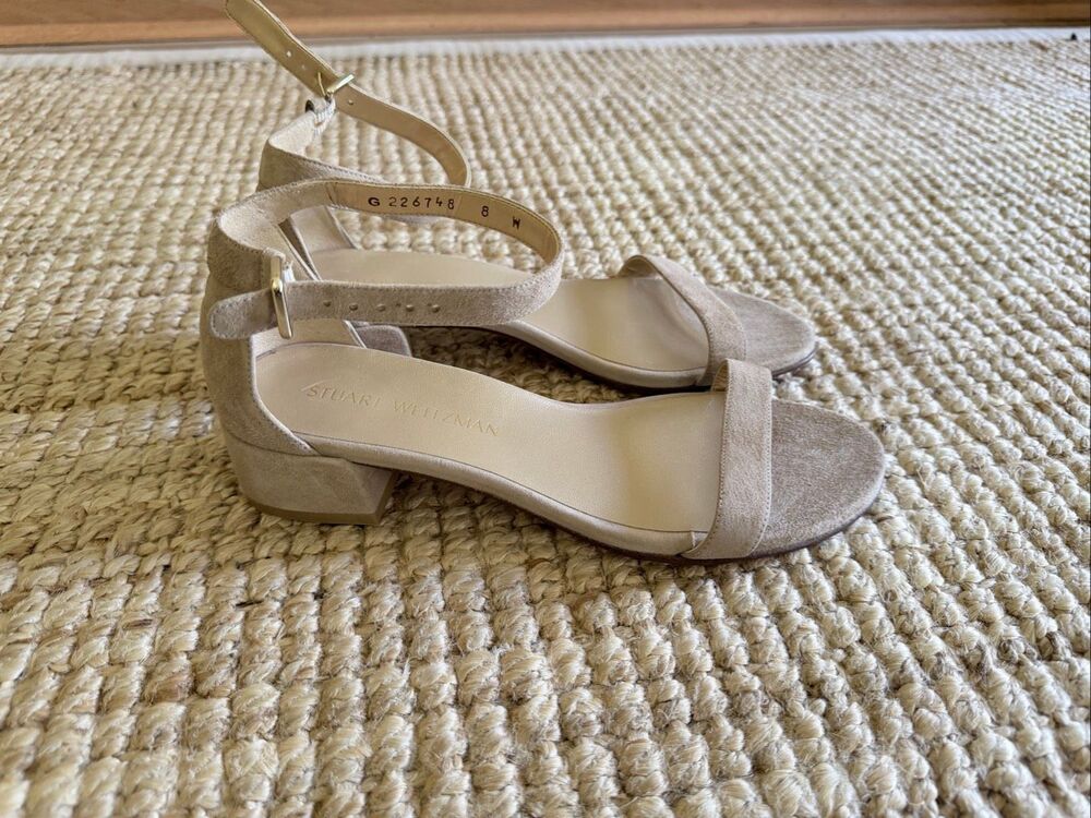 Stuart Weitzman Nude Suede Ankle Strap Low Block Heel Sandals Size 8M
